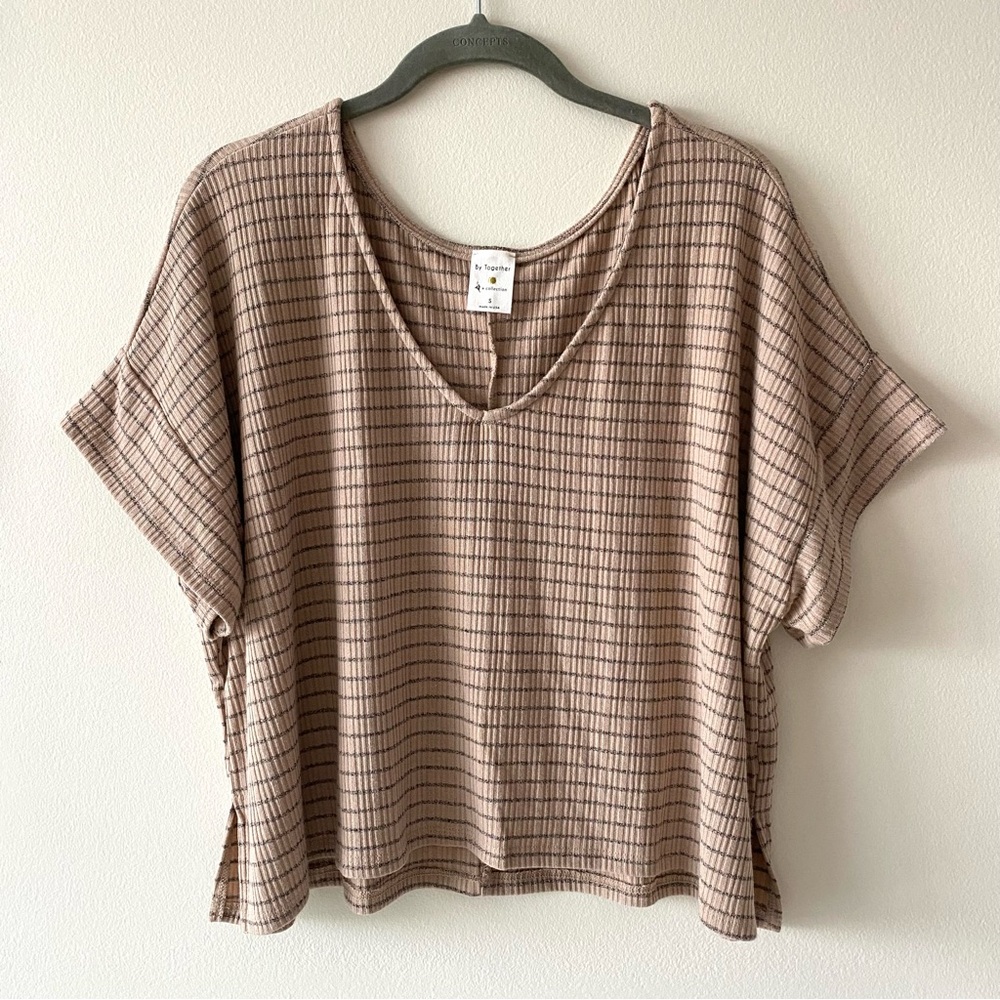 Anthropologie Tan Striped Flowy Short Sleeve Top
